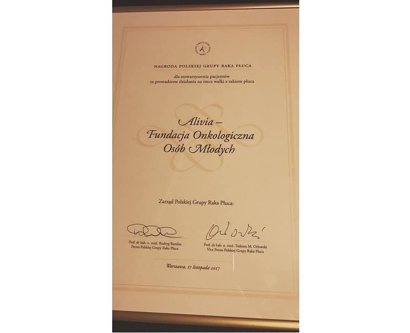nagroda polskie grupy raka płuca dla fundacji alivia
